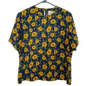 Susan Graver Short Sleeve Yellow Sunflower Print Top Size Large